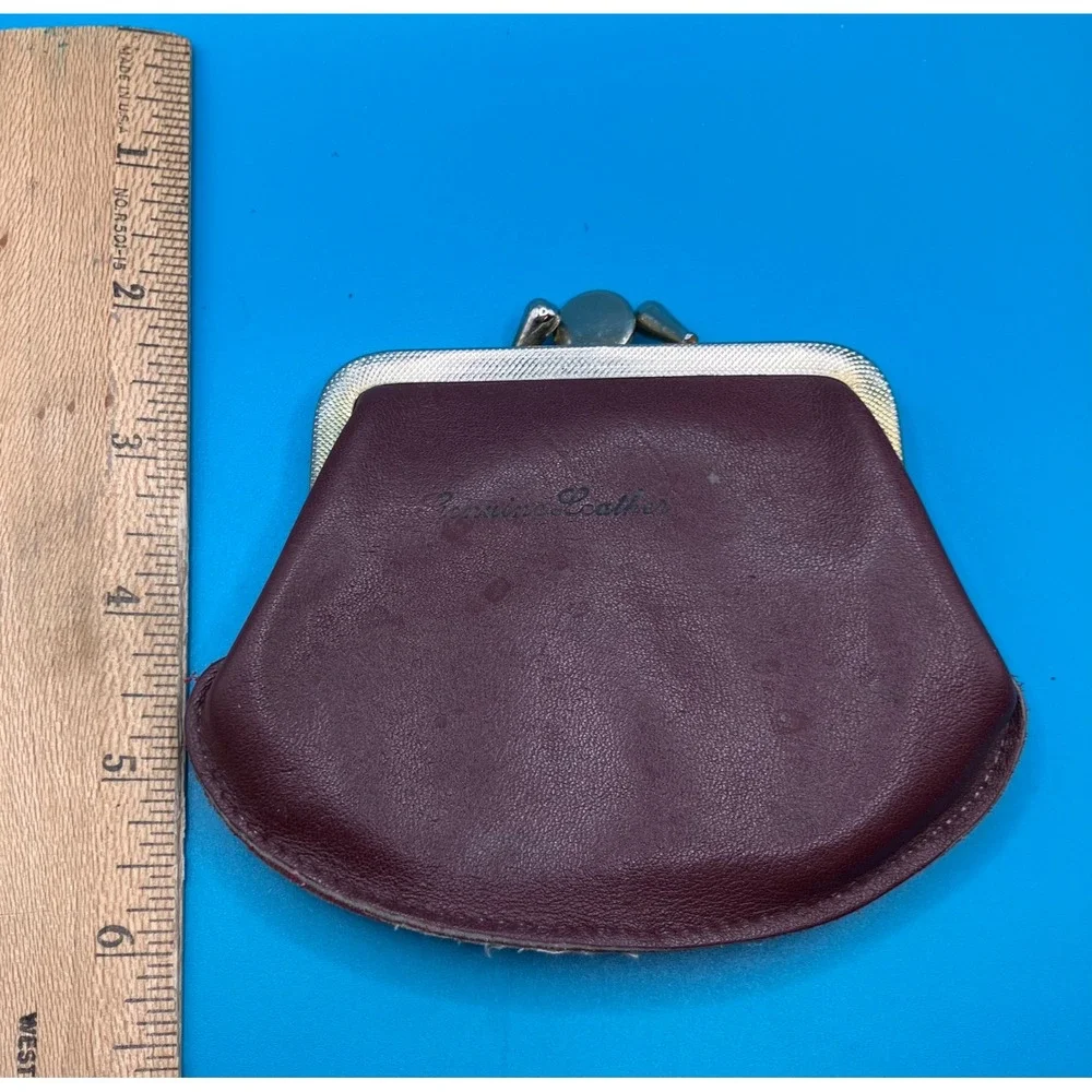 Coin Purse Women Small Brown Genuine Leather Double Kiss Lock Clasp